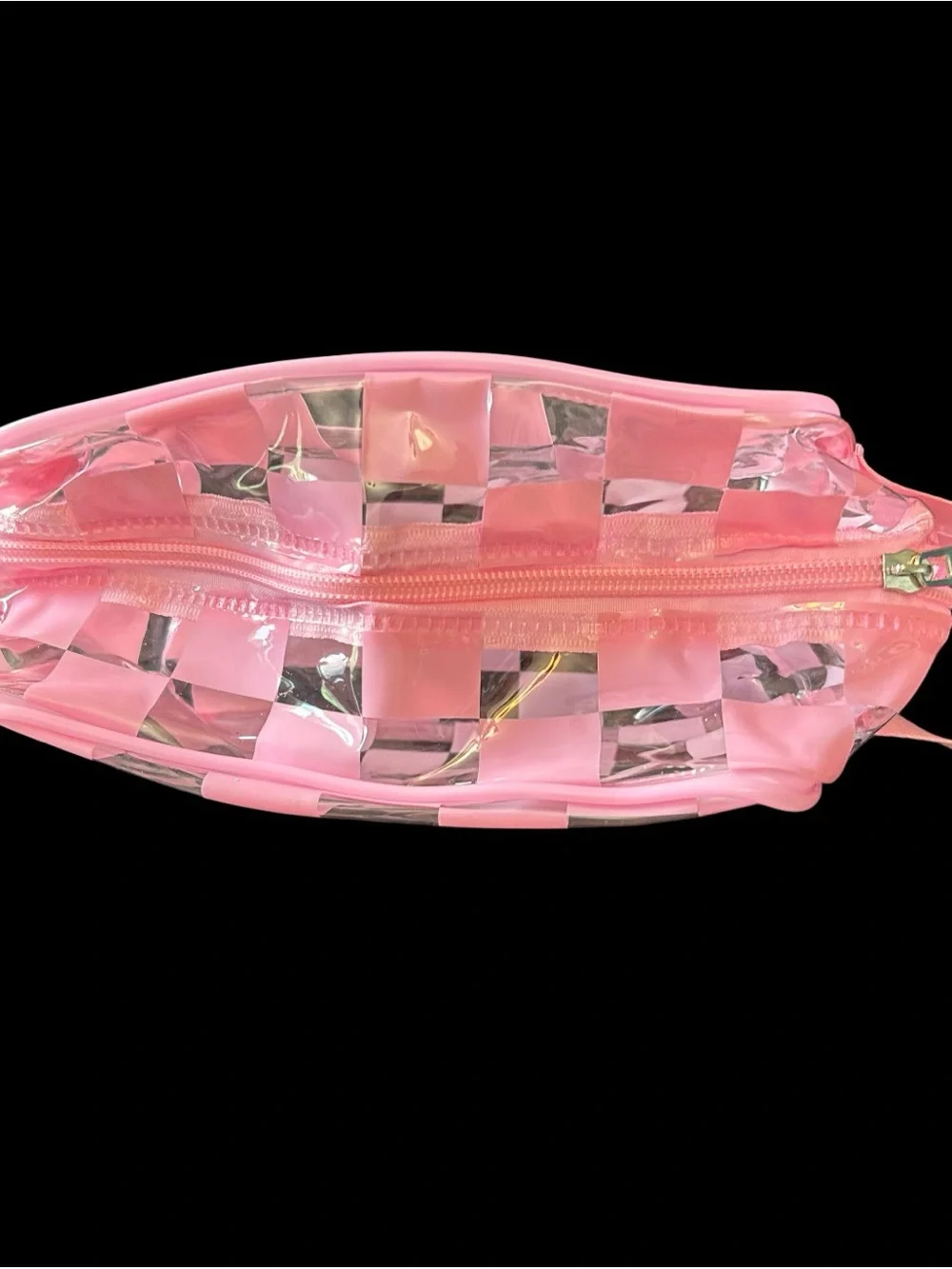 Clear Zippered Pouch Pink Checkered Transparent Cosmetic Case 8X6X4”